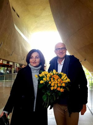 04-19-24_Hanna Gawronska-Spiewak and board member Dr. Miroslaw Patalon at the commemoration of the 81st anniversary of the Warsaw Ghetto Uprising_this image is inside the Polin Museum.